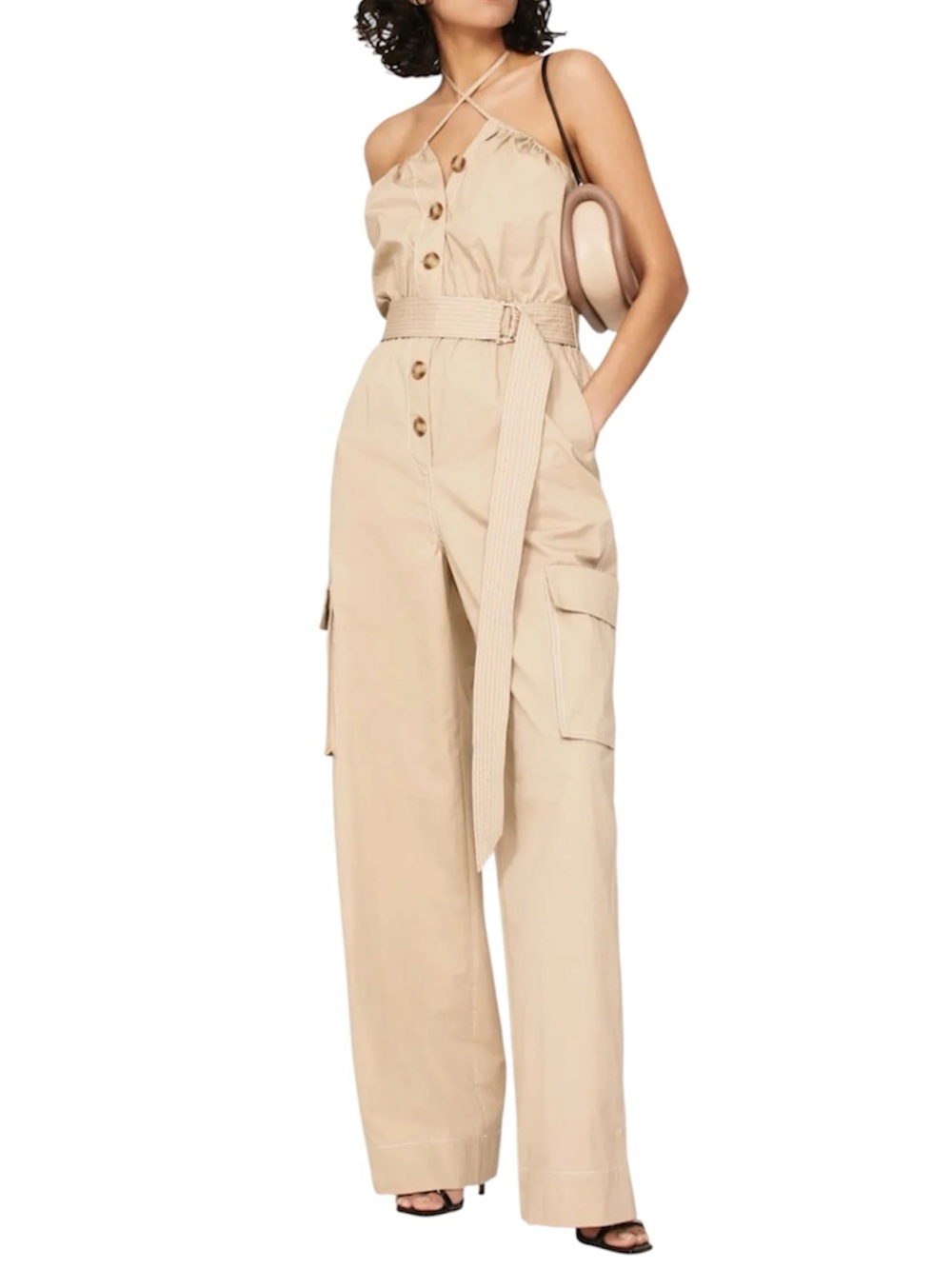 Halston Bari  Khaki Utility Cargo Jumpsuit with Belt